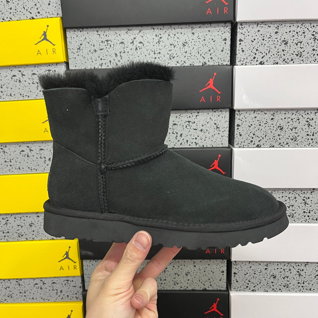 UGG Kallen Lace Mini Boot – Suede Ankle Boot with Tonal Shearling Cuff & Button Closure in Black