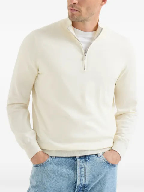 Brunello Cucinelli Sea Island cotton and cashmere lightweight sweater with half zip