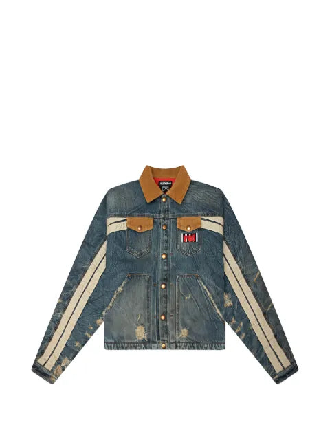 RRR123 distressed corduroy-trim denim jacket