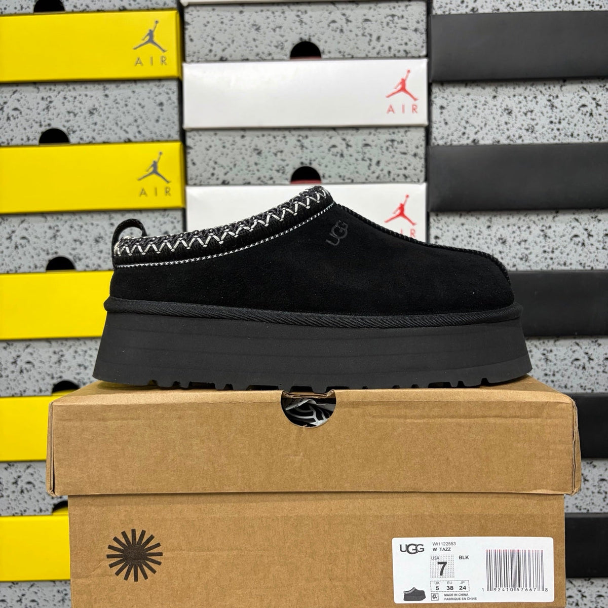 UGG Tazz Platform Slipper – Suede Mule with Shearling Lining, Black & White Braided Collar Trim & All-Black Chunky Platform Sole in Black