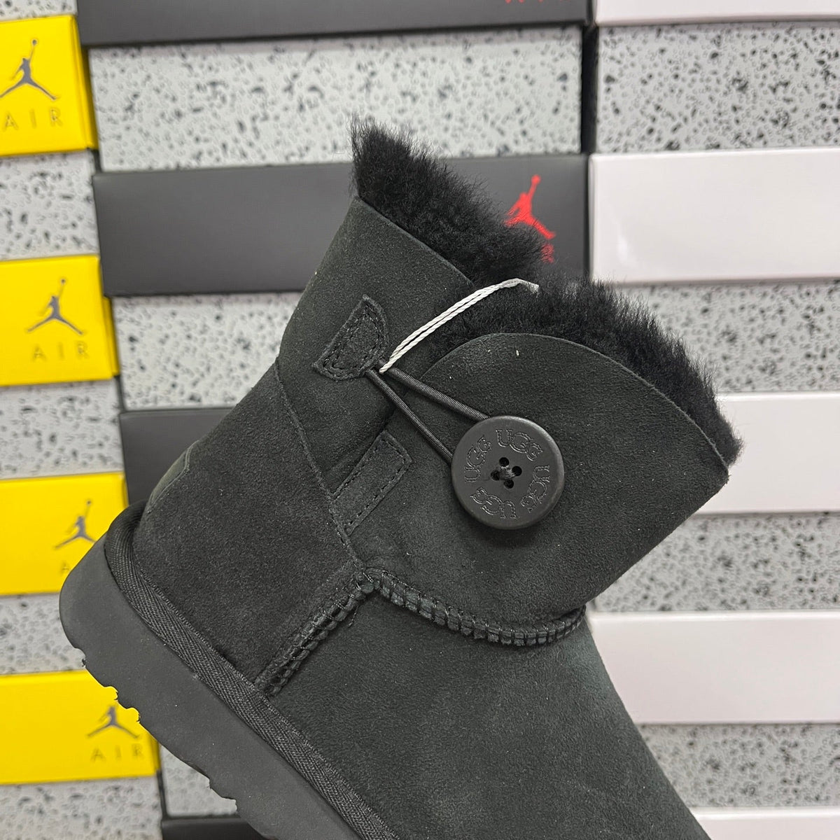 UGG Kallen Lace Mini Boot – Suede Ankle Boot with Tonal Shearling Cuff & Button Closure in Black
