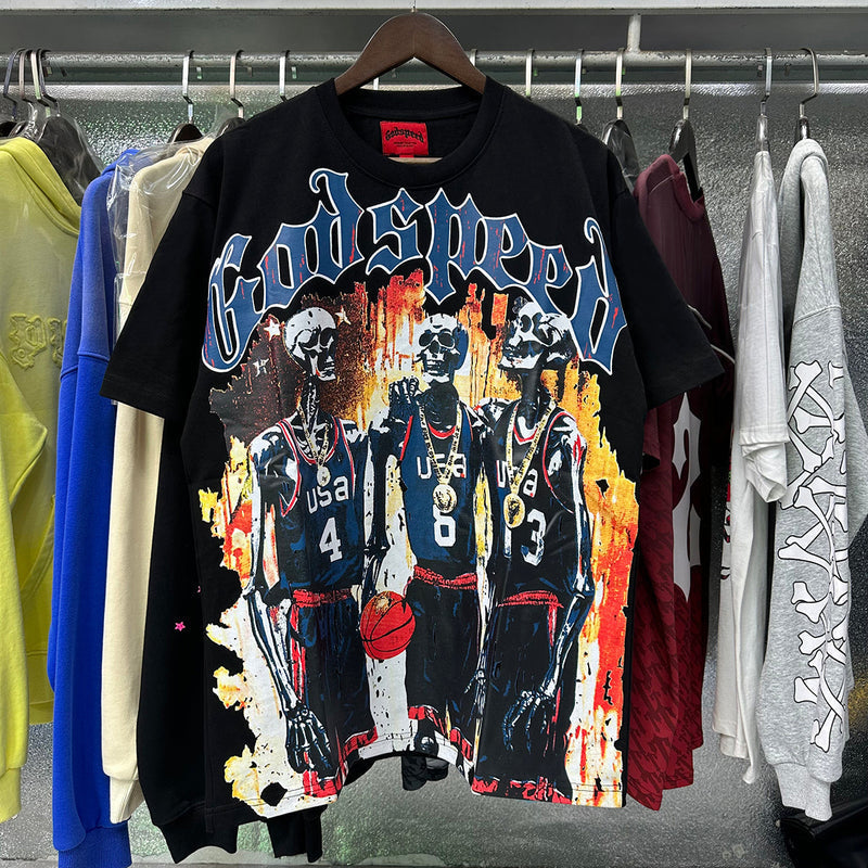 Godspeed t Shirts Basketball Dream Team Trident Print Cotton Casual Short Sleeve Men and Women
