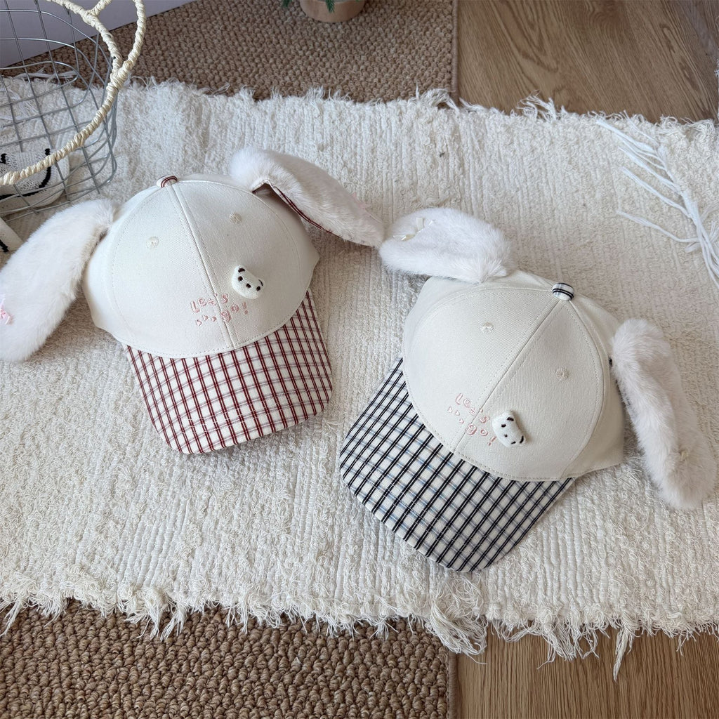 Cute Fluffy Bunny Ear Reversible Plaid Baseball Cap For Girls