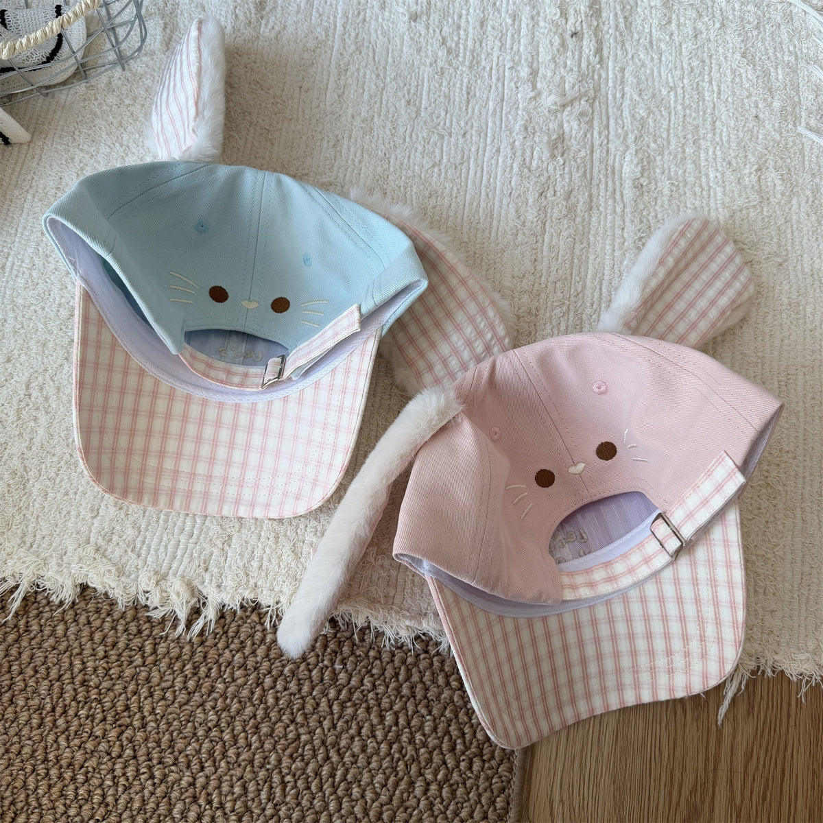 Cute Fluffy Bunny Ear Reversible Plaid Baseball Cap For Girls
