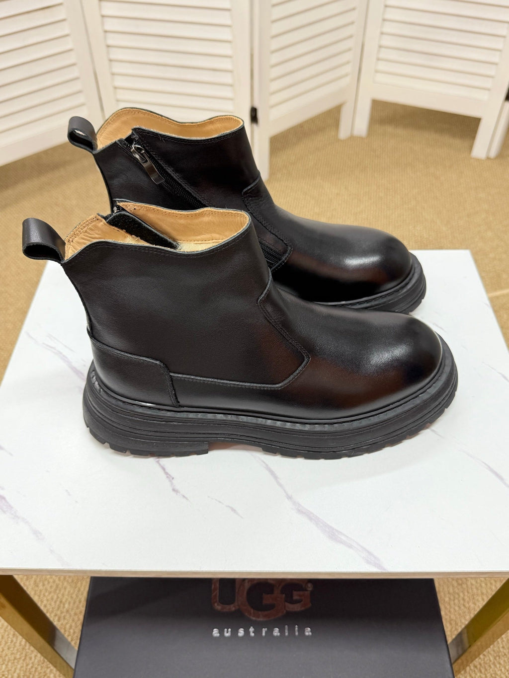 UGG Black Leather Side-Zip Boots