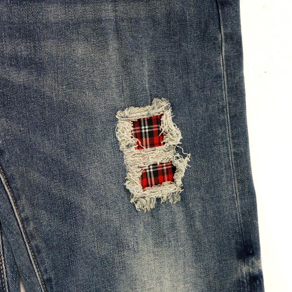 Purple Brand P001 Washed Blue Distressed Patch Jeans
