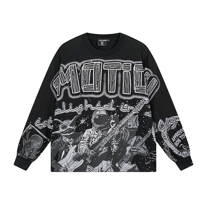 MIXED EMOTION Black All-Over Graphic Long-Sleeve T-Shirt