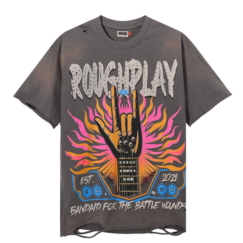 Rough Play Rock Hand Guitar Rhinestone Graphic T-Shirt
