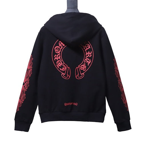 Chrome Hearts Pink Horseshoe Floral Sleeve Pullover Hoodie Black