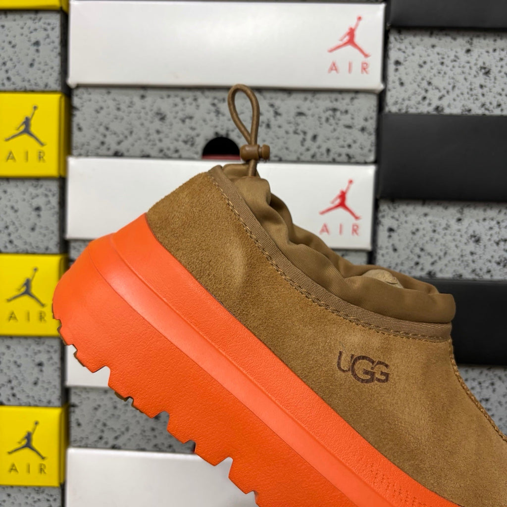 UGG Tasman X Platform Slip-On – Suede Clog with Shearling Lining, Paracord Toggle & Bold Orange Chunky Platform Sole in Chestnut