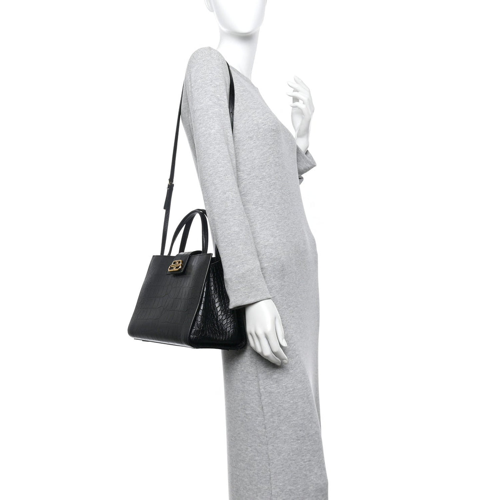 Calfskin Crocodile Embossed Medium Sharp Tote Black
