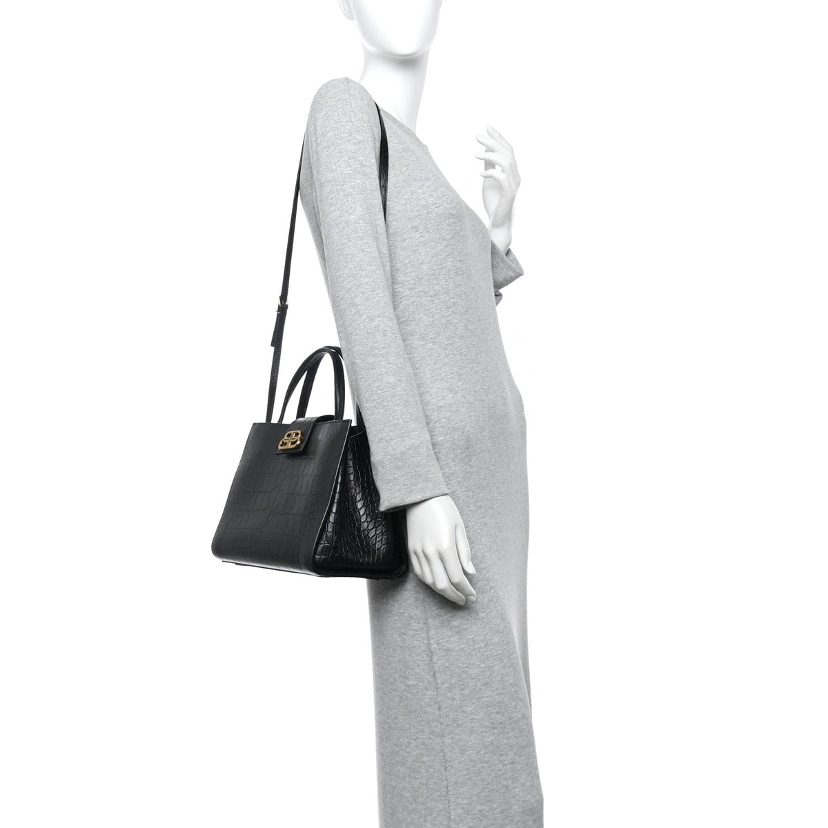 Calfskin Crocodile Embossed Medium Sharp Tote Black