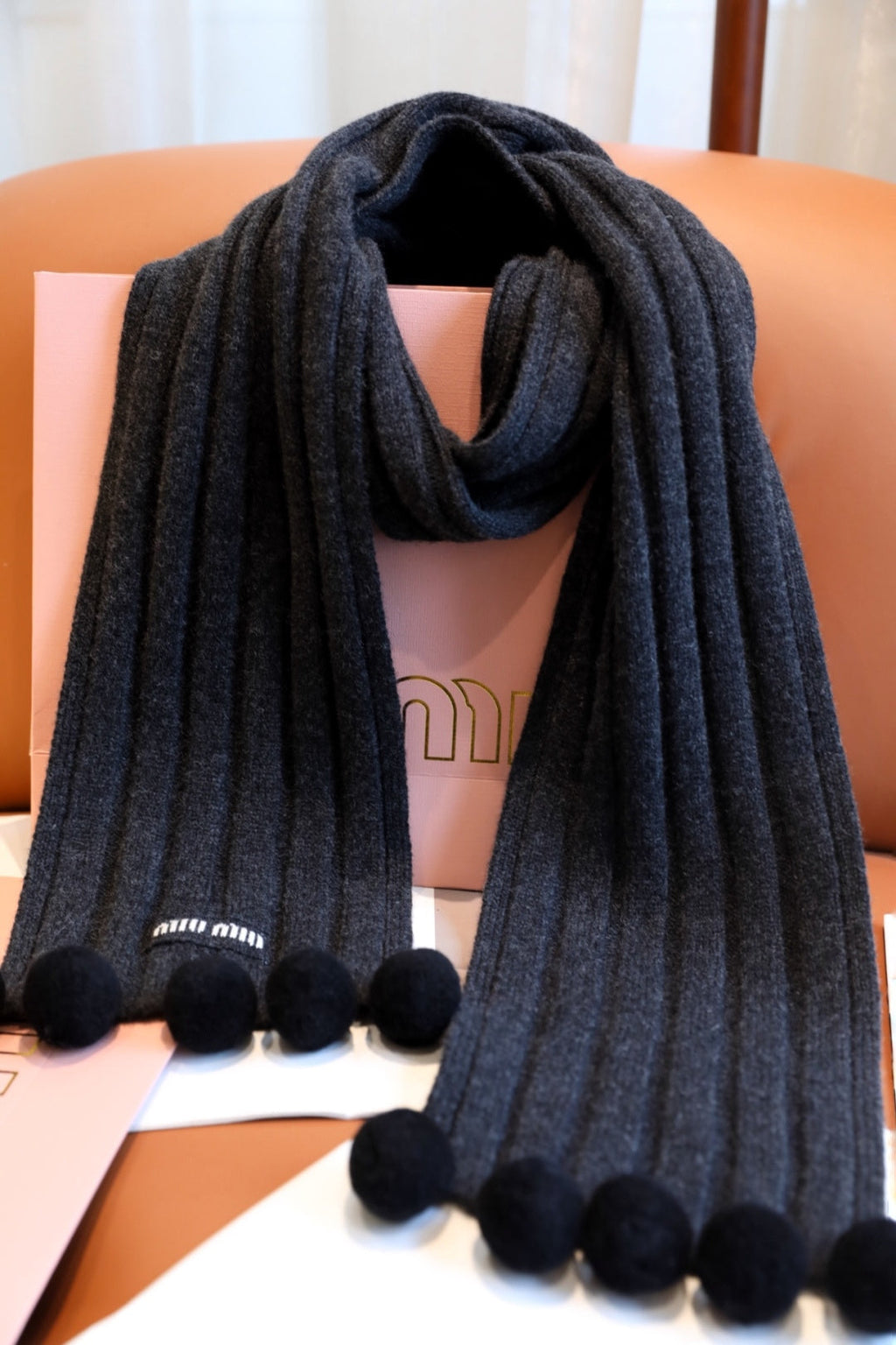 Miu Miu Style Pom-Pom Rib-Knit Scarf