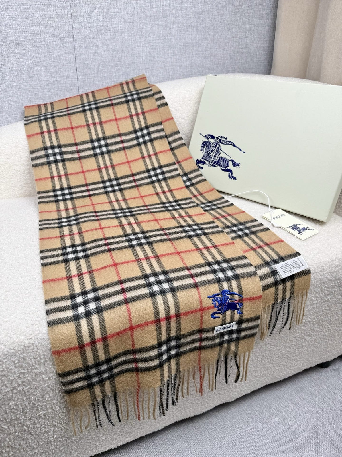 Burberry Beige Plaid Fringe Scarf