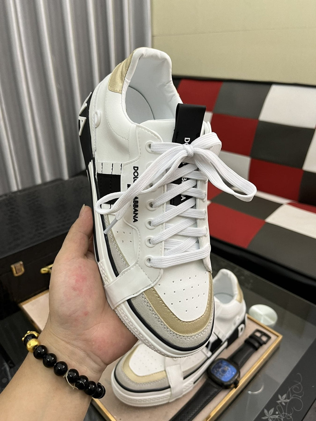 Dolce & Gabbana White, Cream & Black Lace-Up Sneakers