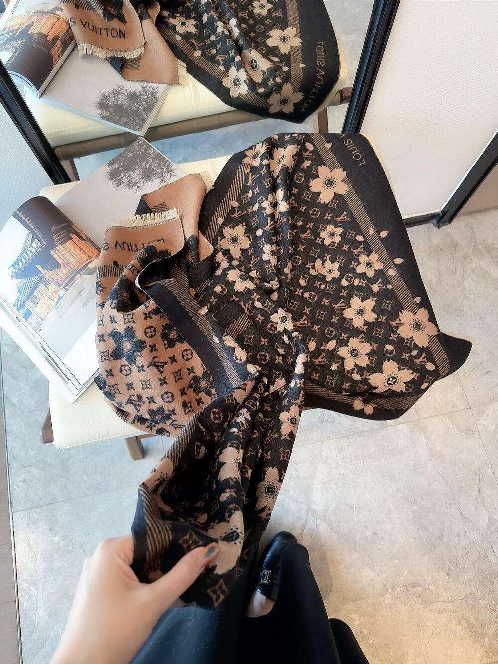 Louis Vuitton Floral Monogram Fringe Scarf
