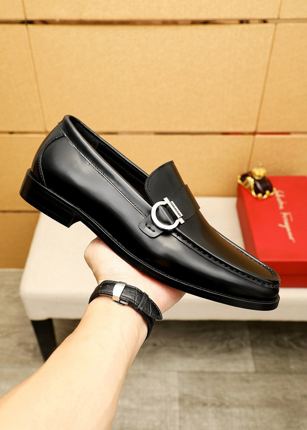 Ferragamo Black Buckle Loafers