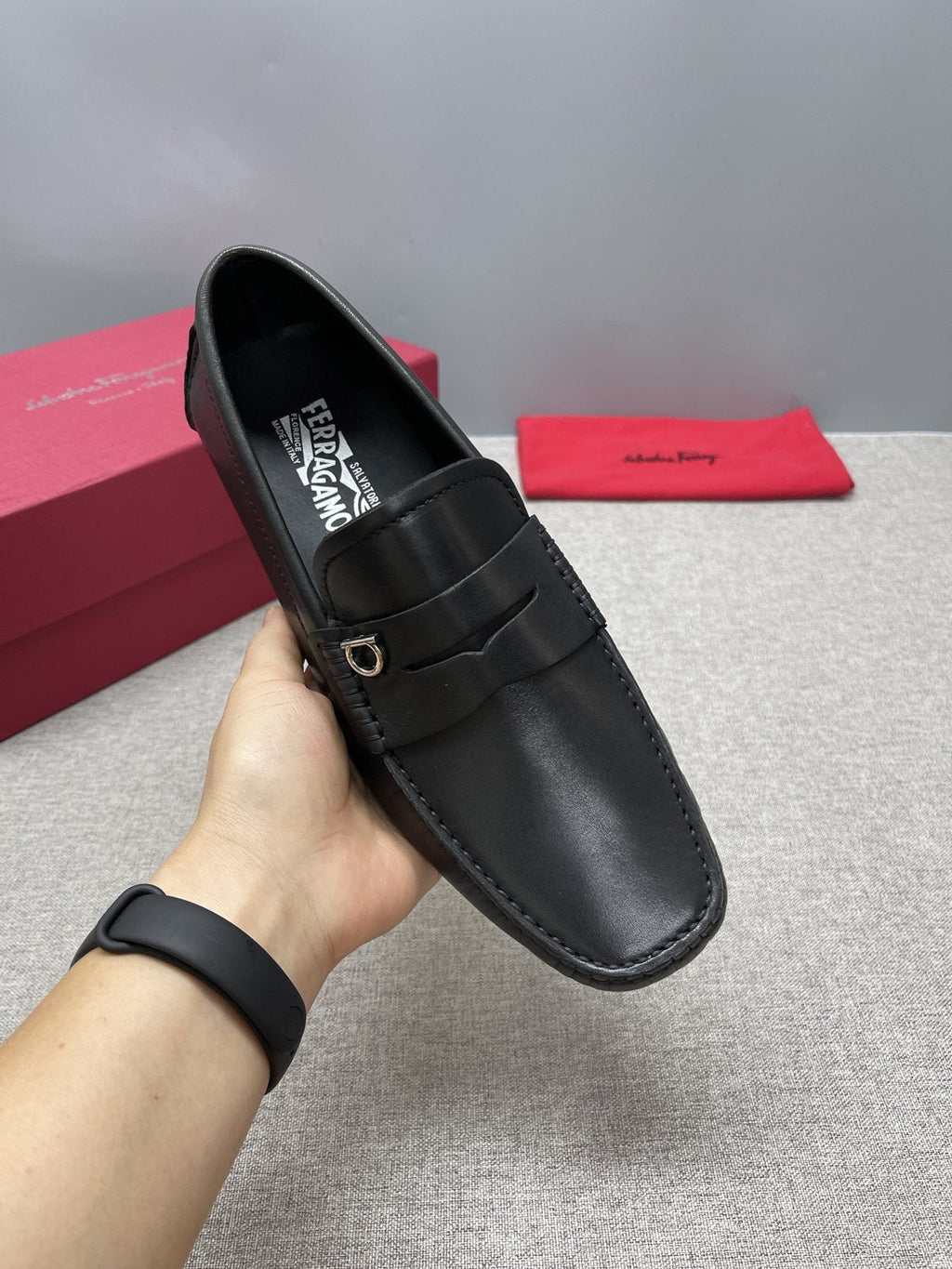 Ferragamo Men's Black Buckle Loafers - Metal Buckle Vamp Detail