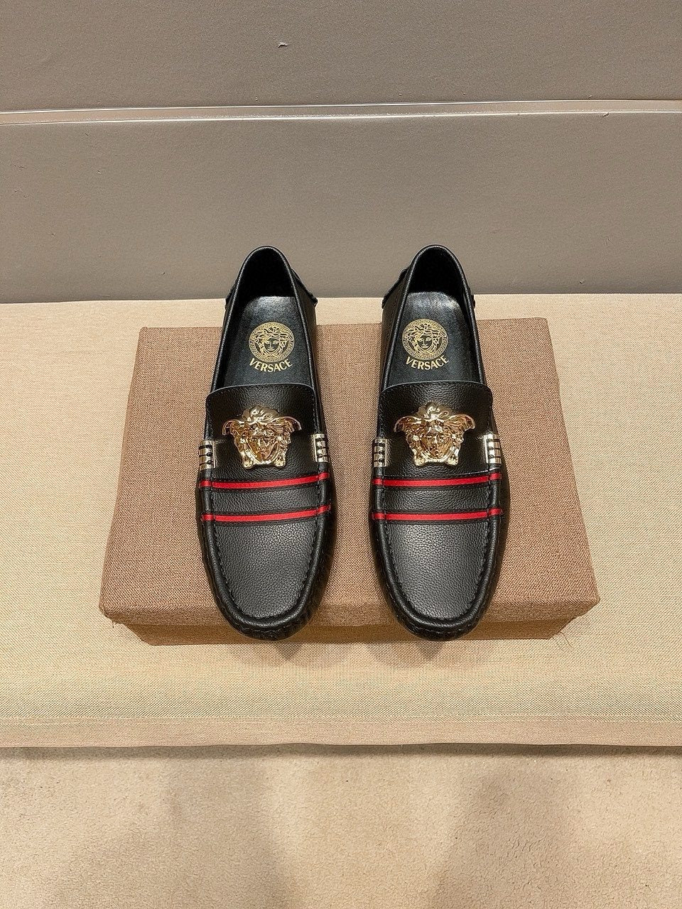 Versace Men's Black Red Stripe Slip-On Loafers