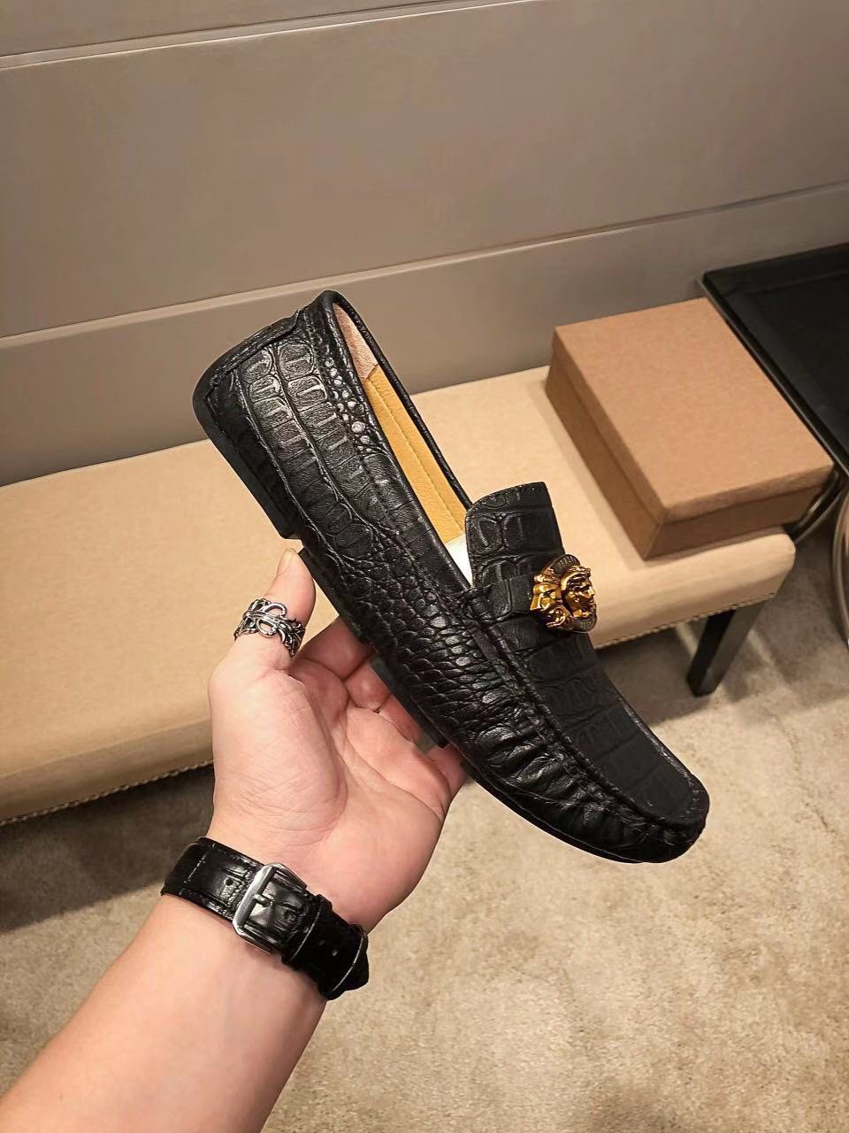 Versace Black Textured Loafers