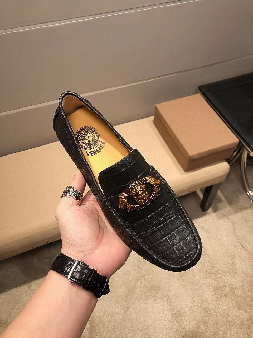 Versace Black Textured Loafers