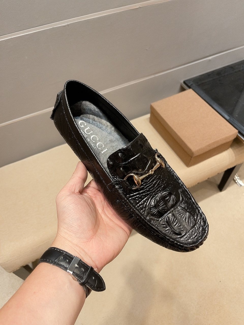 Gucci Black Textured Bit Driving Loafers
