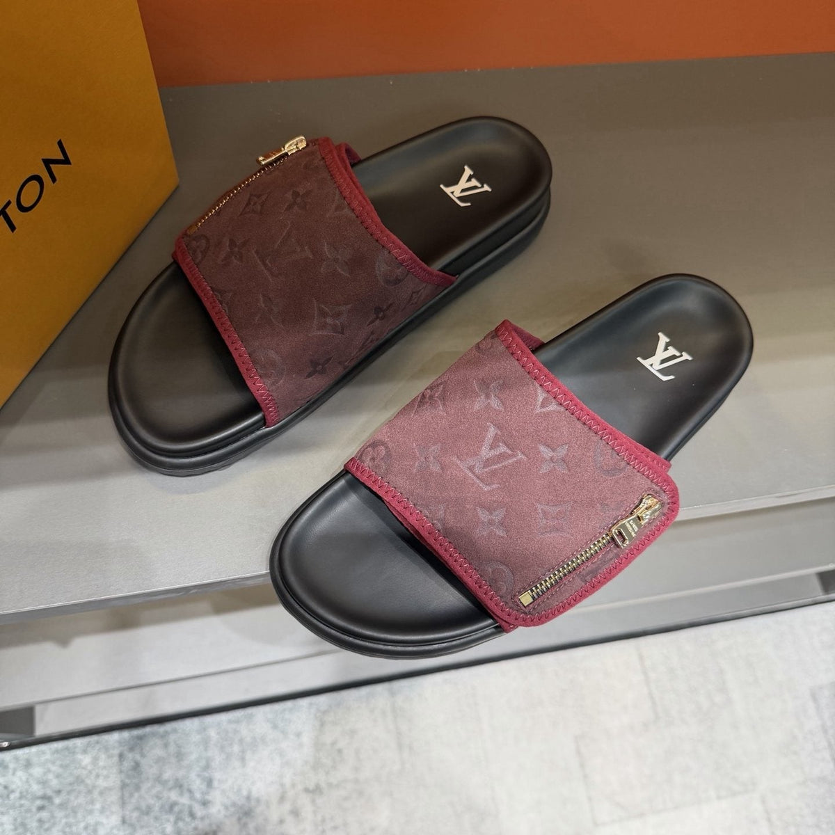 Louis Vuitton Burgundy Patterned Slide Sandals