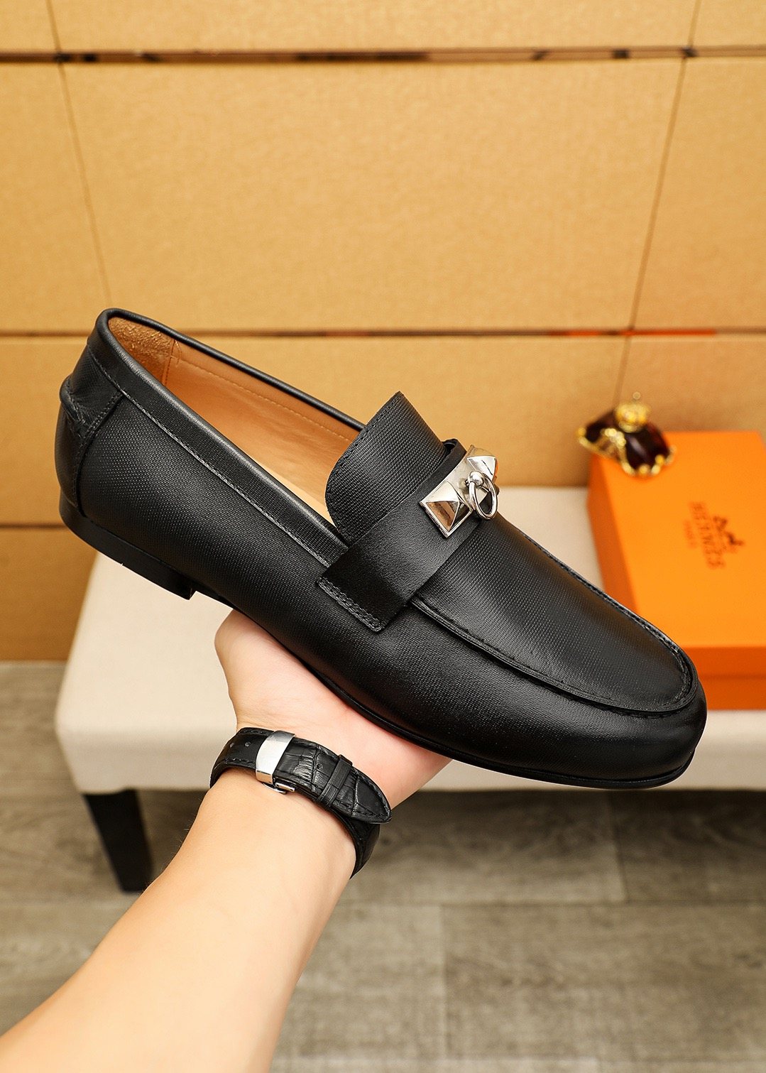 Hermes Black Leather Hardware Loafers