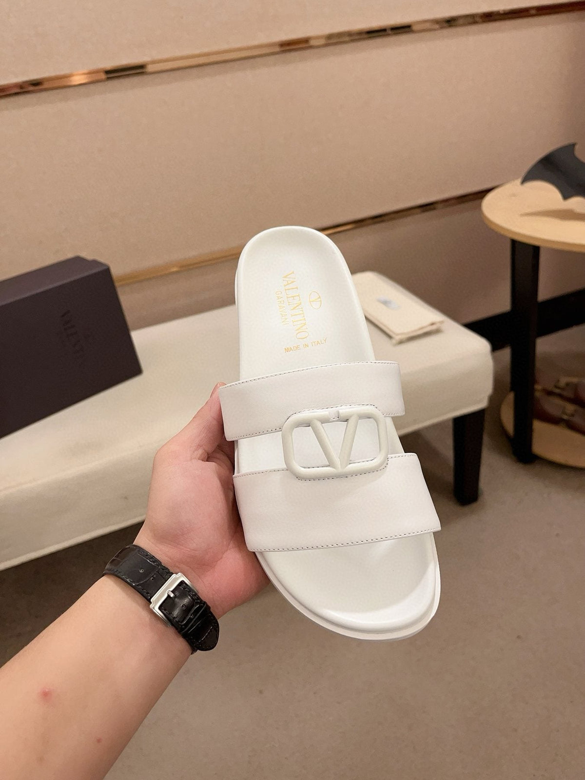 Valentino White V-Hardware Slide Sandals