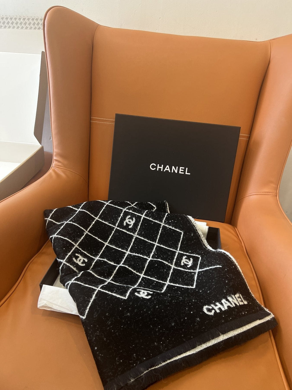 Chanel Black and Ivory Grid Shawl Scarf