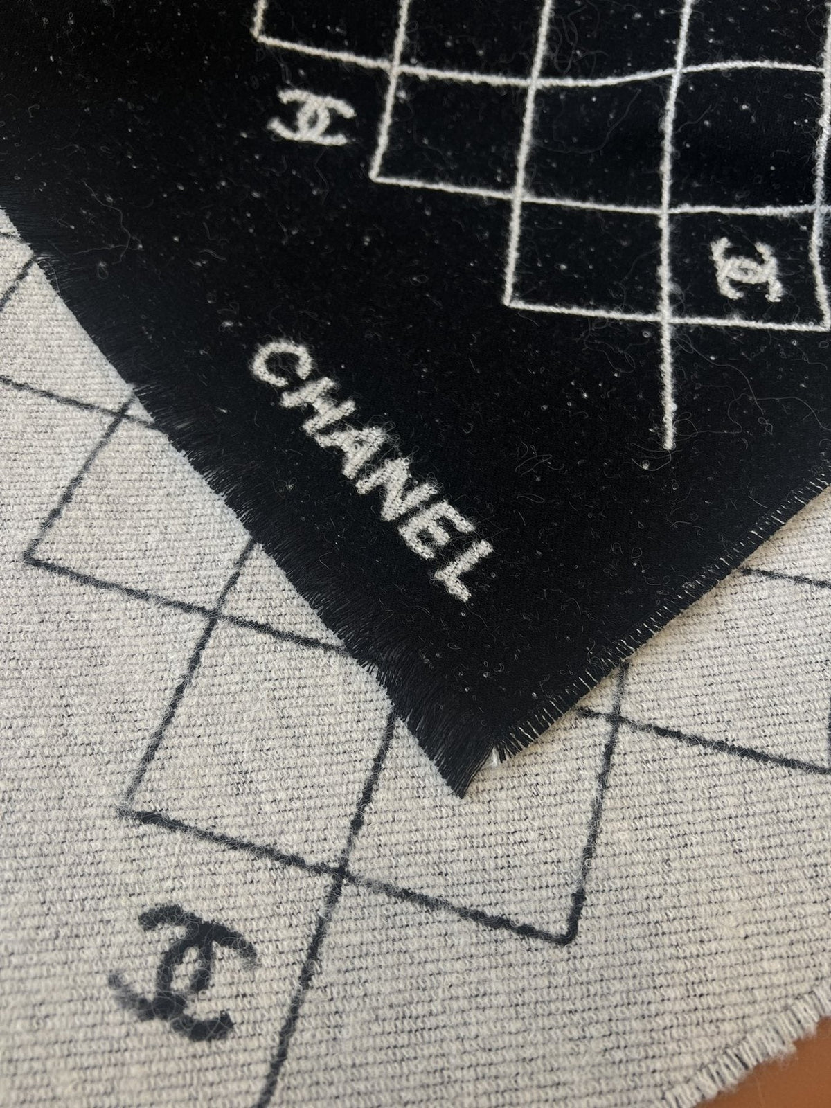Chanel Black and Ivory Grid Shawl Scarf
