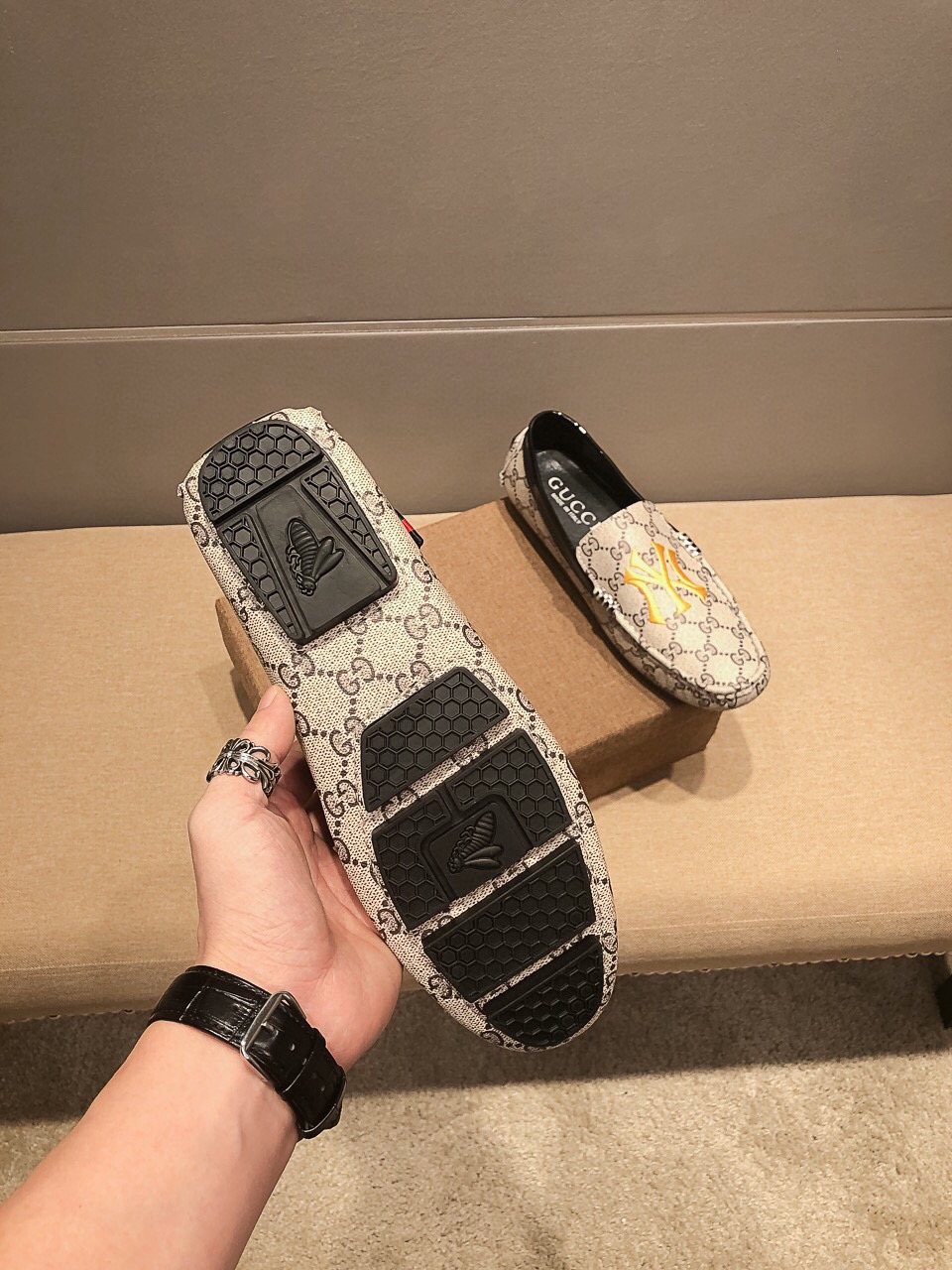 Gucci Beige Patterned Embroidered Loafers