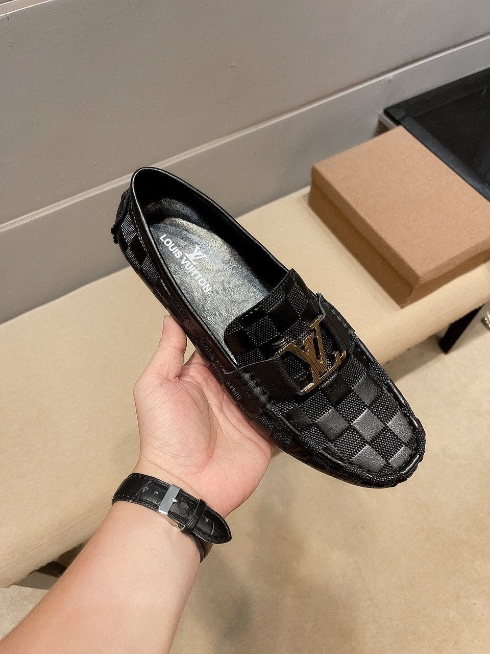 Louis Vuitton Men's Checker-Woven Buckle Loafers - Black and Dark Gray