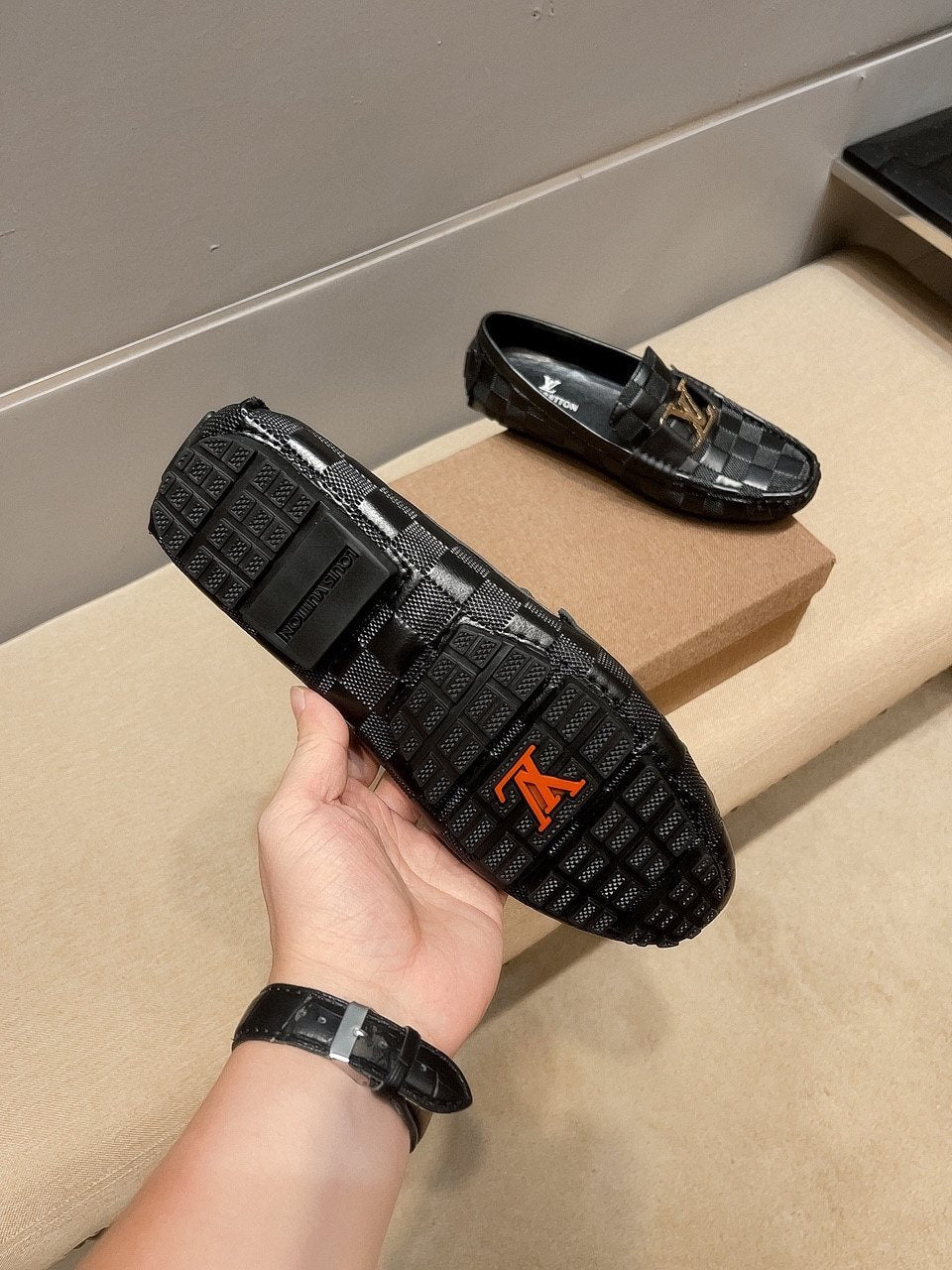 Louis Vuitton Men's Checker-Woven Buckle Loafers - Black and Dark Gray