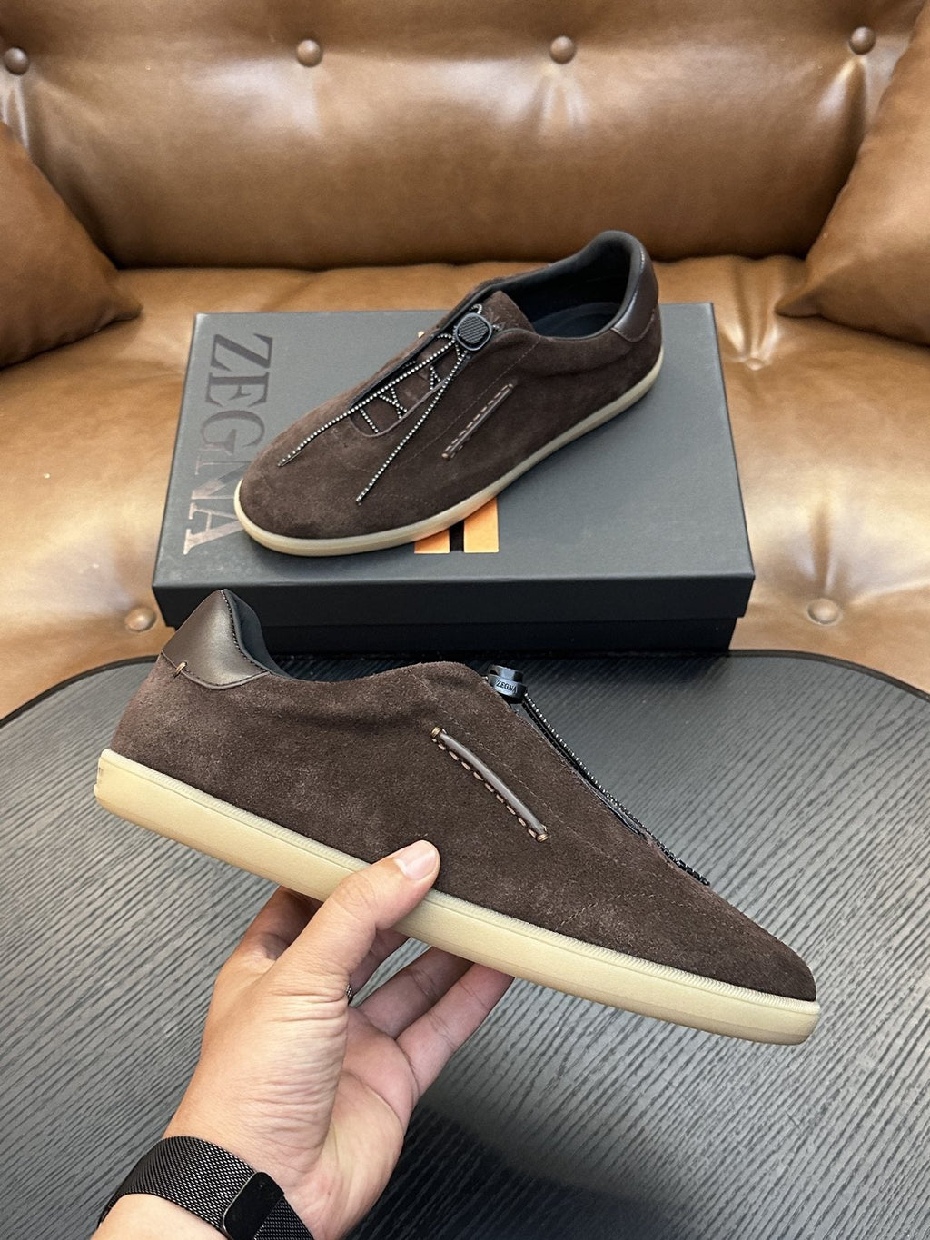 Zegna Triple Stitch Slip-On Sneakers - Suede And Leather Upper