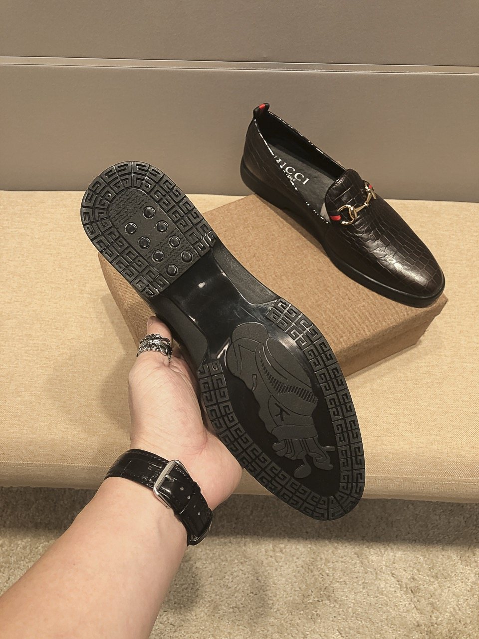 Gucci Black Embossed Horsebit Loafers