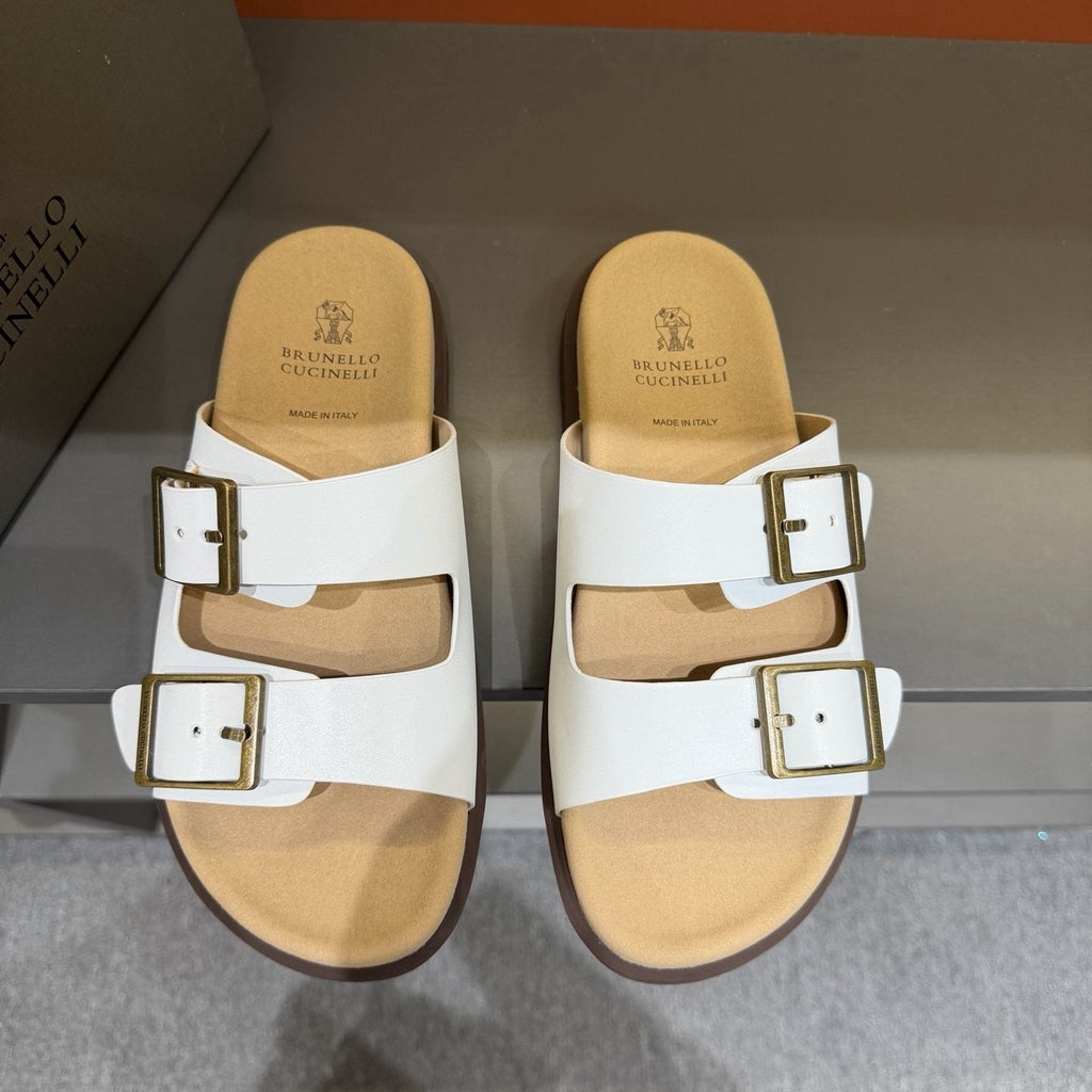 Brunello Cucinelli Men's Double-Buckle Slide Sandals - Textured Upper Straps