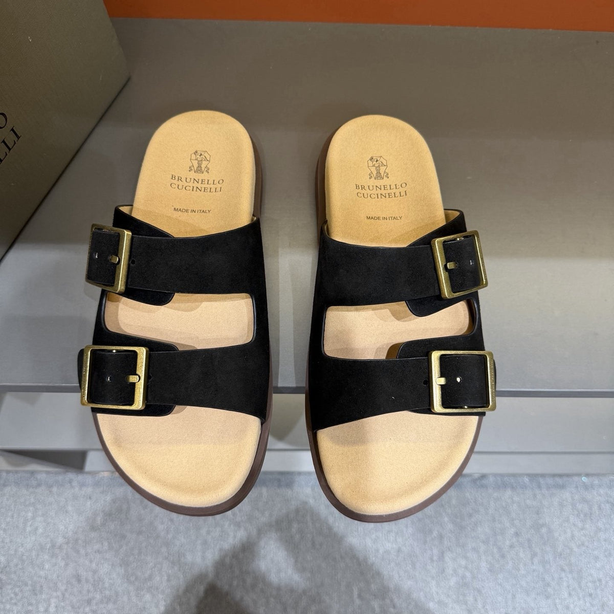 Brunello Cucinelli Men's Double-Buckle Slide Sandals - Textured Upper Straps