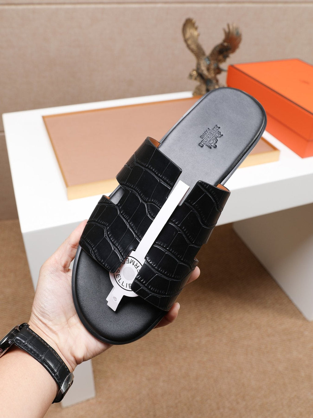 Hermes Textured H Slide Sandals