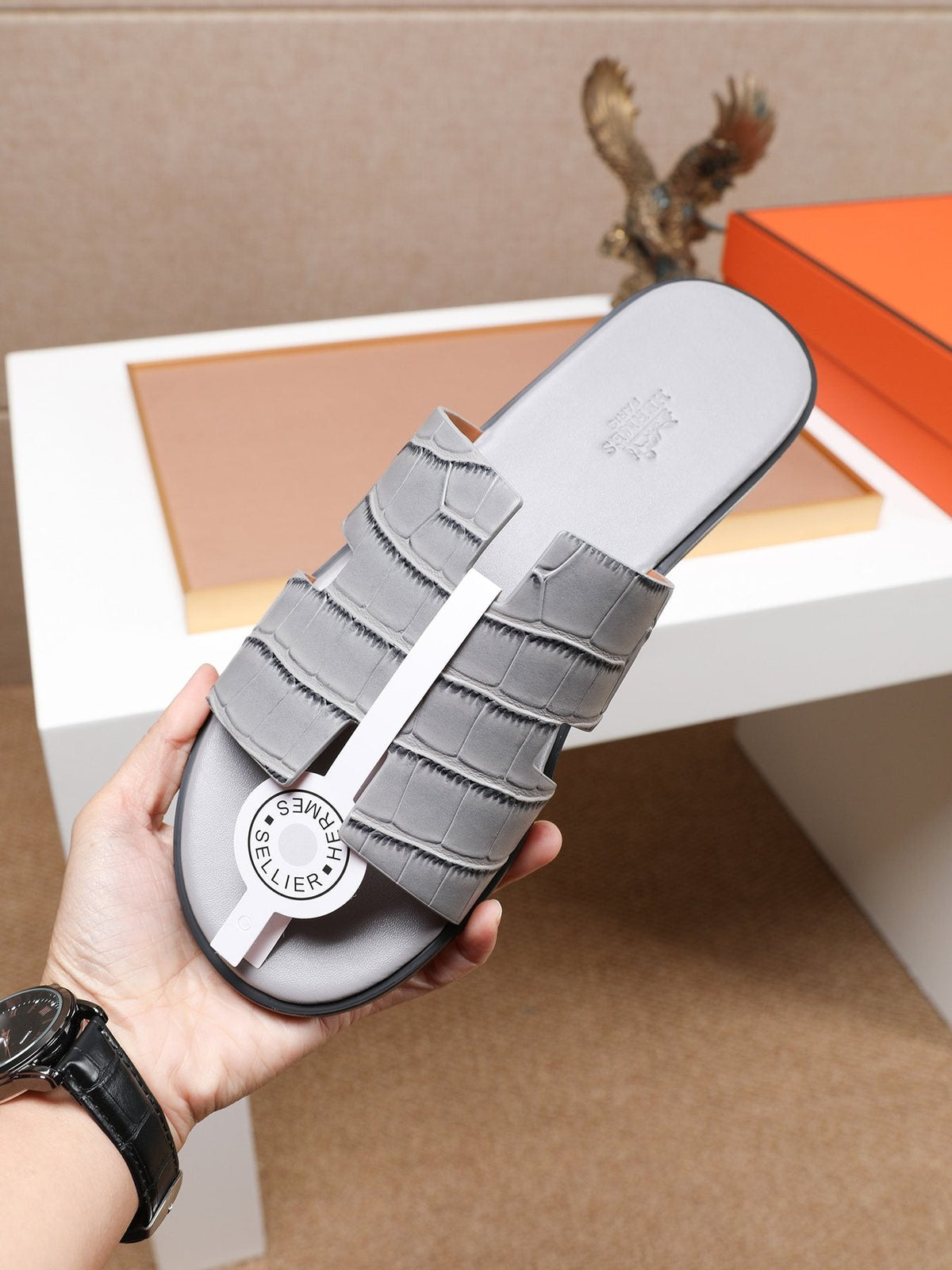 Hermes Textured H Slide Sandals