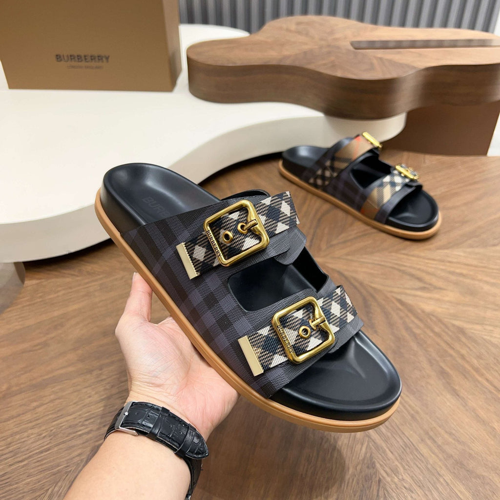 Burberry Plaid Buckle Slide Sandals - Cross Straps