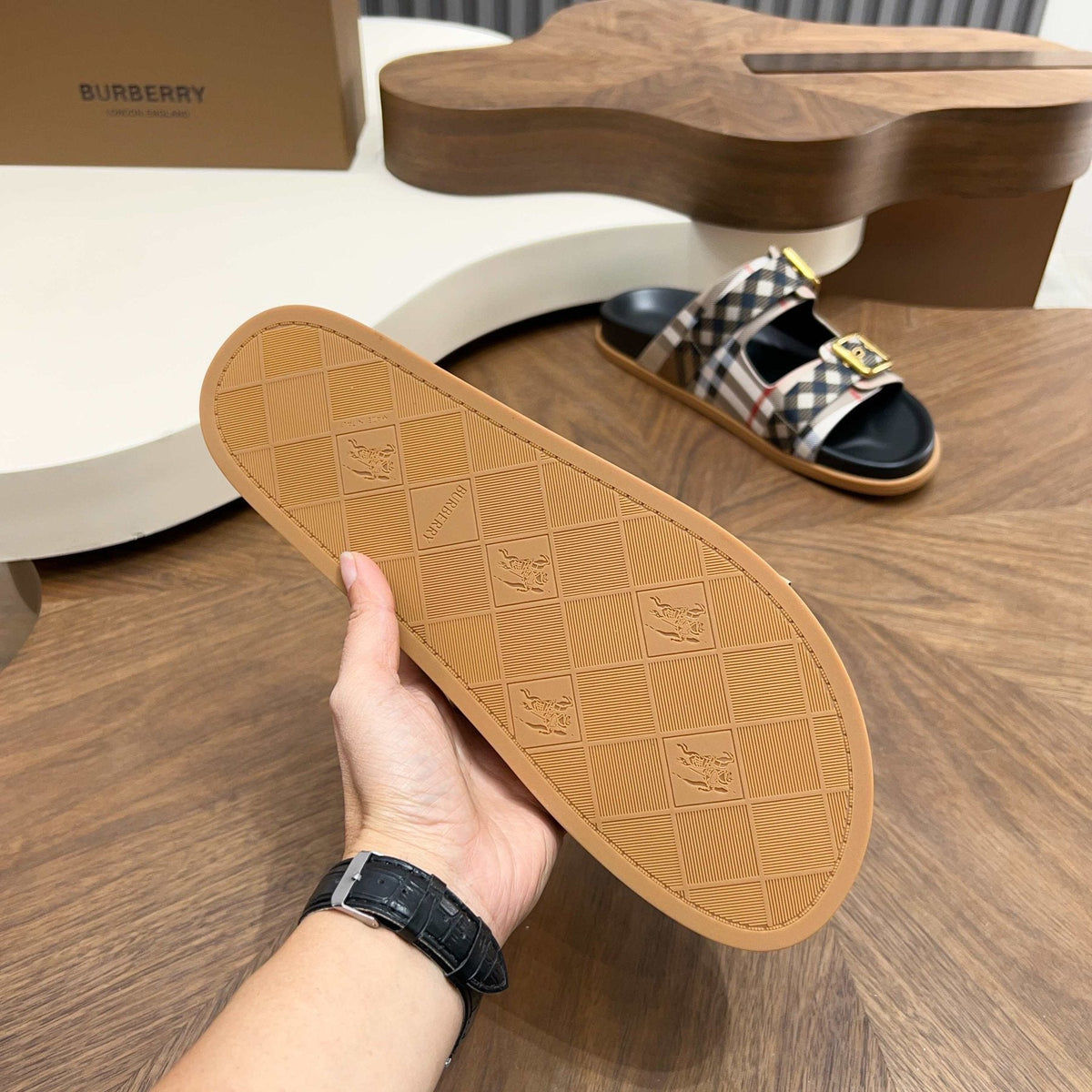 Burberry Plaid Buckle Slide Sandals - Cross Straps