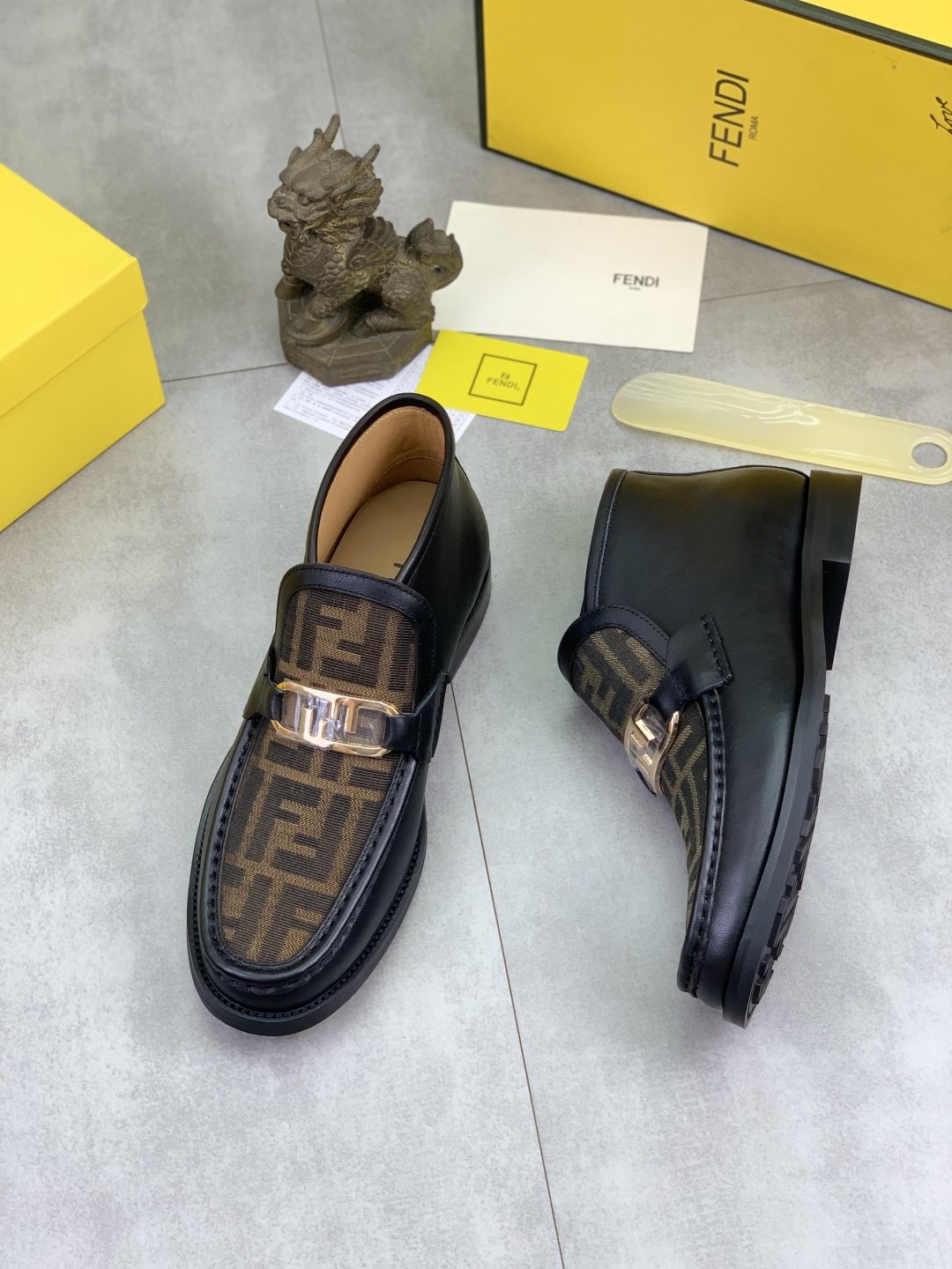 Fendi Men's Black and Brown Monogram Buckle Ankle Boots