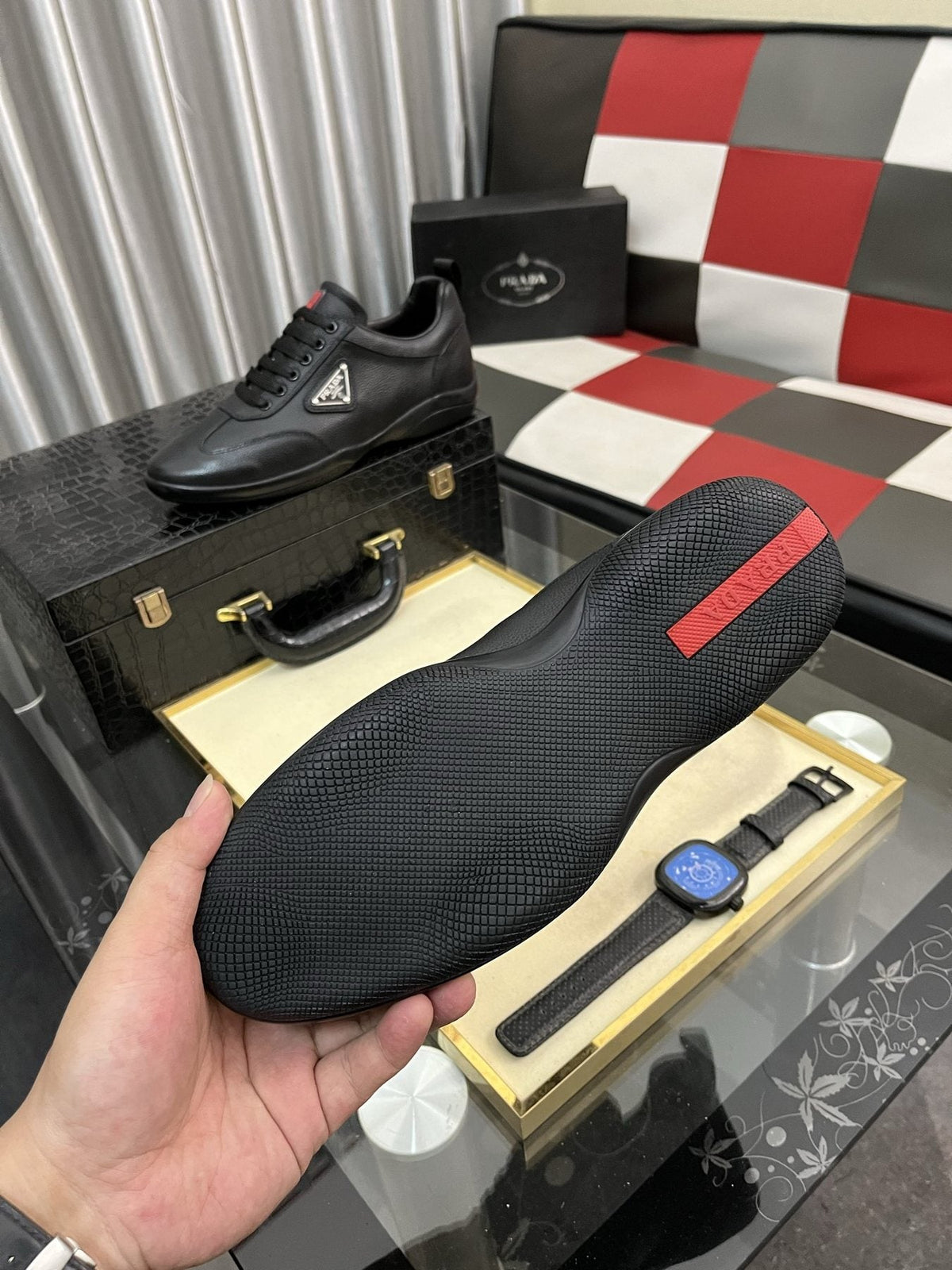 Prada Black Lace-Up Sneakers with Red Tab