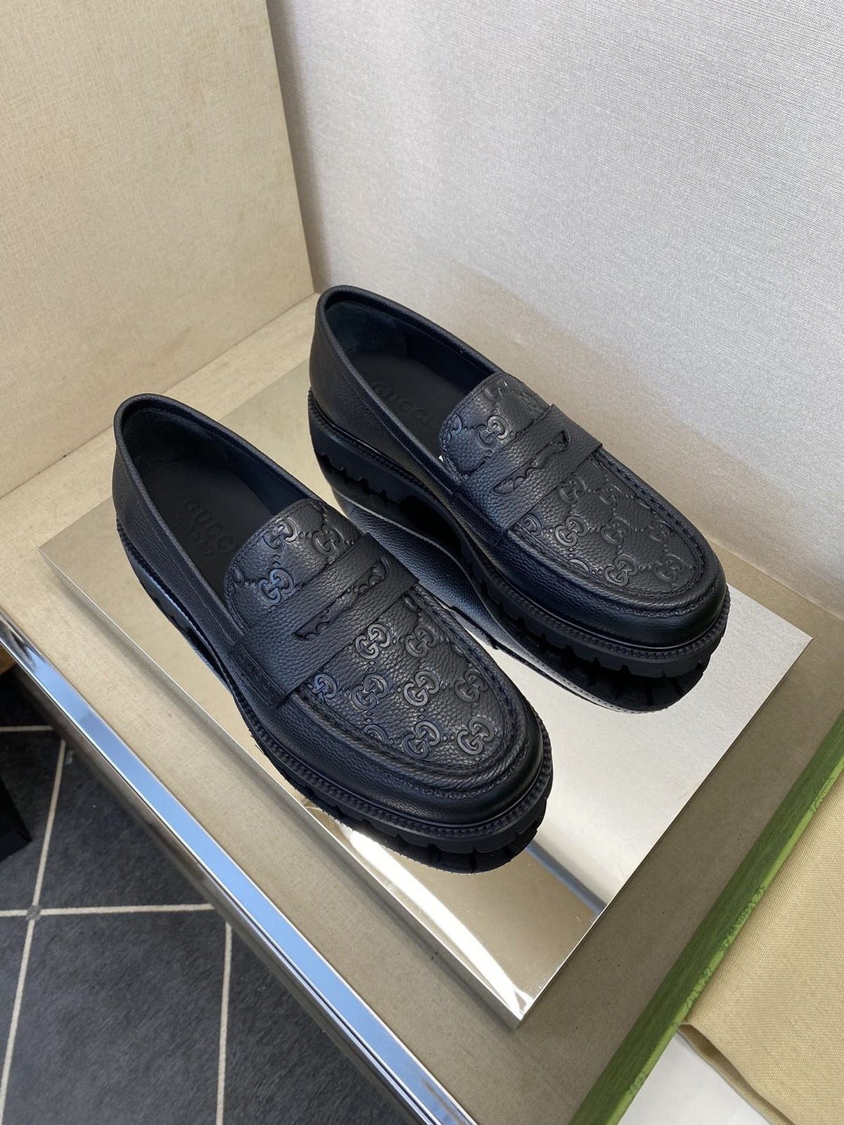 Gucci Men's Black Embossed Lug Sole Loafers