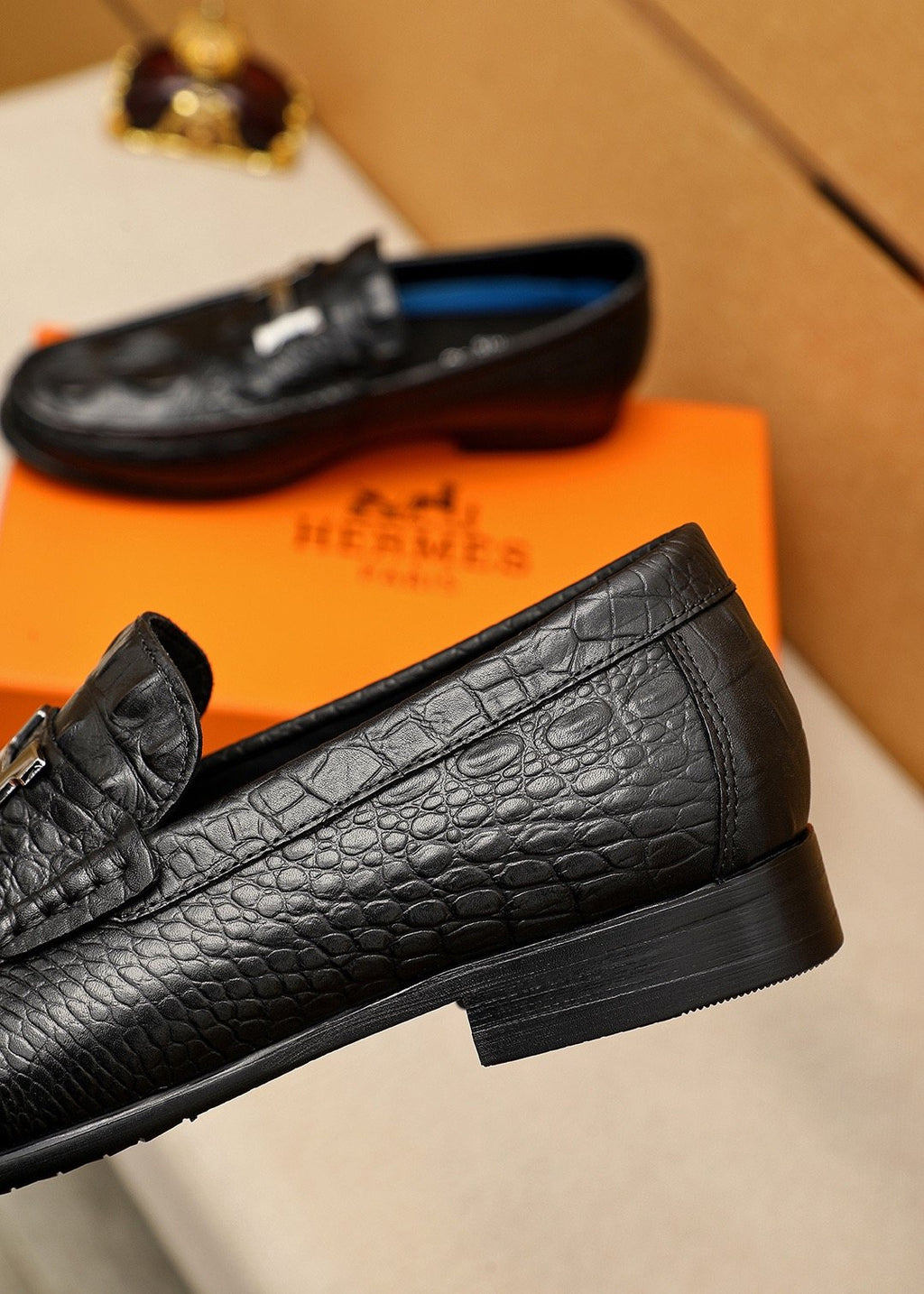 Hermès Crocodile-Embossed H-Hardware Loafers
