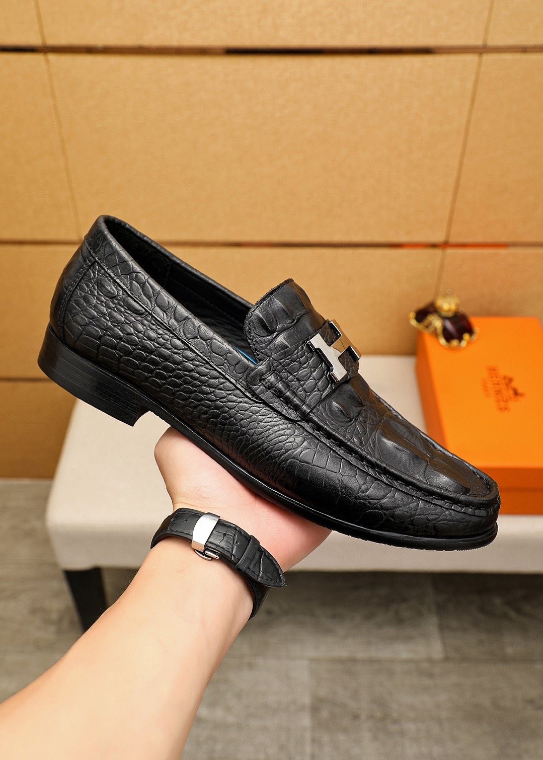 Hermès Crocodile-Embossed H-Hardware Loafers