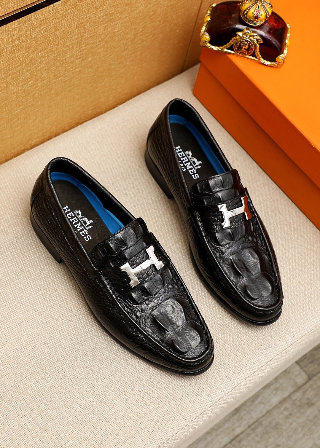 Hermès Crocodile-Embossed H-Hardware Loafers