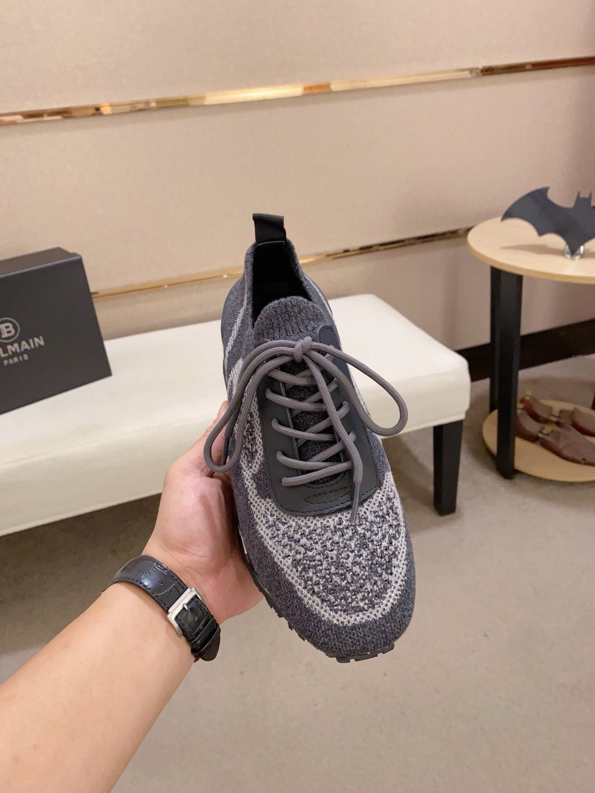 Balmain Gray and Black Knit-Look Sneakers
